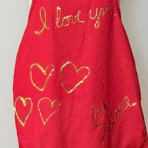 Red Valentine's Apron with Gold Glitter Lettering and Hearts with 3 Open Pockets
